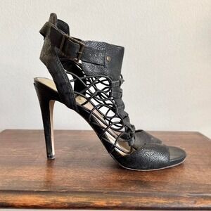 Black strappy cut out heel size 7.5 peeptoe corset lace up gothic